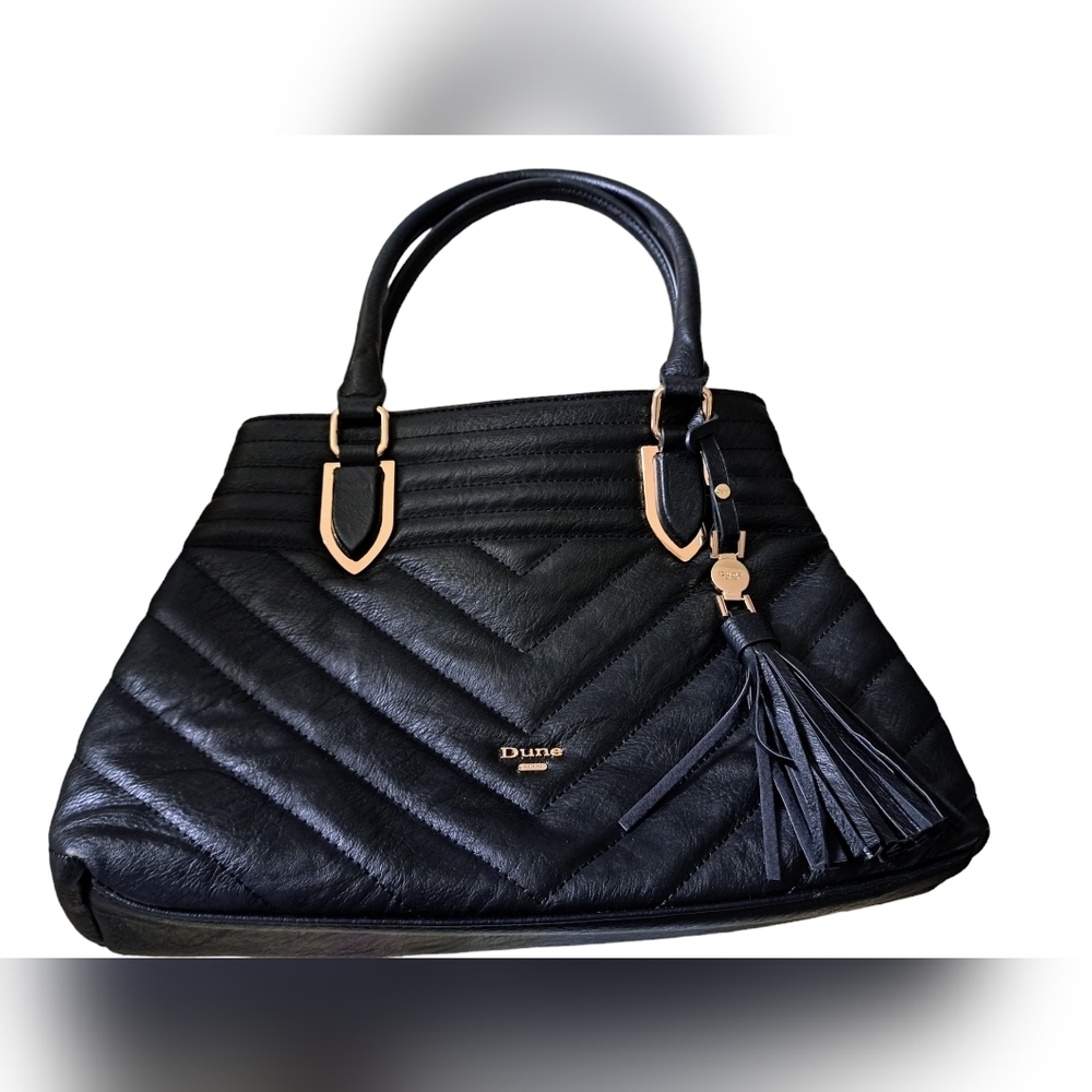 DUNE LONDON faux leather quilted shoulder bag black purse tassel gold hardware